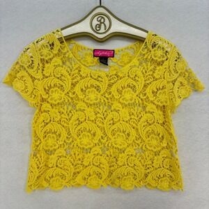 Say What? Floral Lace Crop Top SMALL Yellow Short Sleeve Vintage y2k Boho